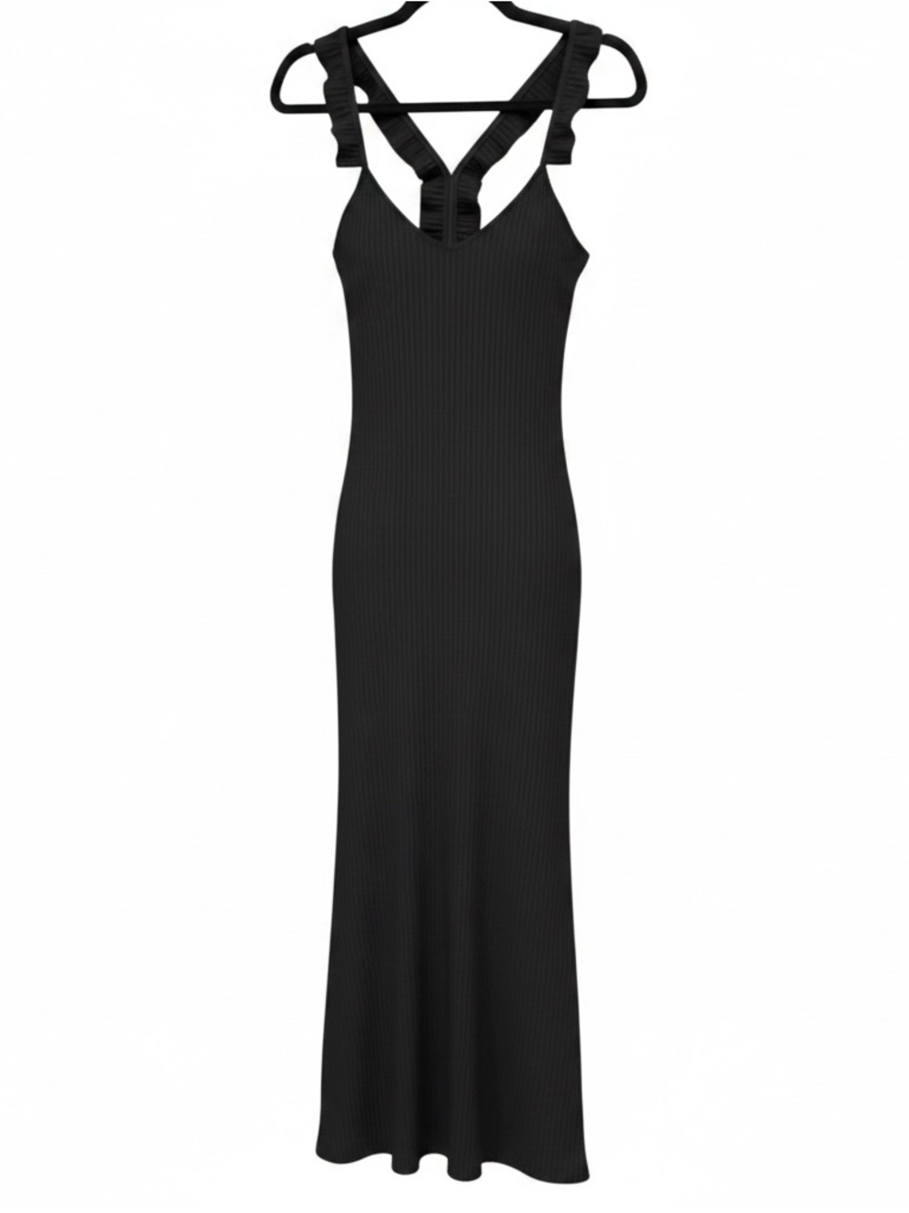 Chris Chandler Ribbed Maxi Dress Black Ruffle Strap Bodycon Size Small
